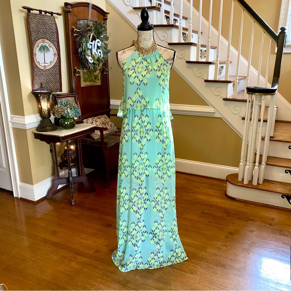 Gianni Bini halter chiffon overlay maxi dress